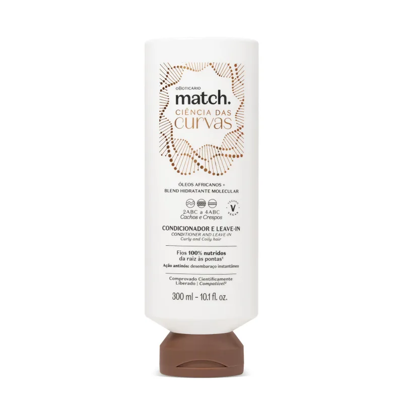 condicionador-match Frasco de condicionador leave-in para cabelos cacheados e crespos, com óleos africanos e blend hidratante, 300 ml.