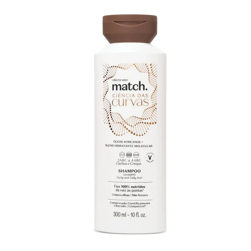 shampoo-boticario Frasco de shampoo branco com rótulo marrom, indicado para cabelos cacheados e crespos, 300 ml.