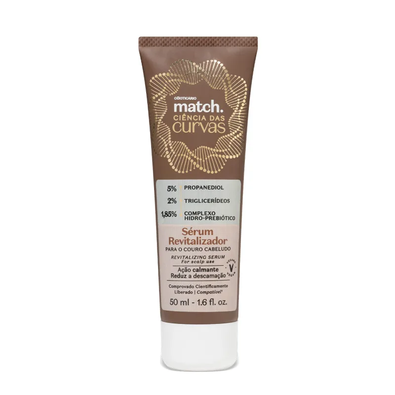 serum-linha-macth-boticario Embalagem de sérum revitalizador para couro cabeludo com ingredientes e porcentagens destacadas na frente.