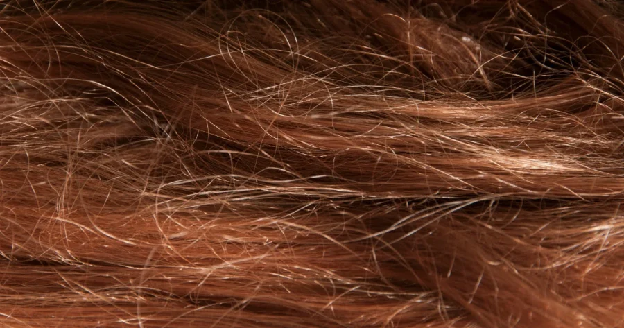 Madeixa de cabelo castanho-avermelhado em close, destacando a textura e a cor dos fios.