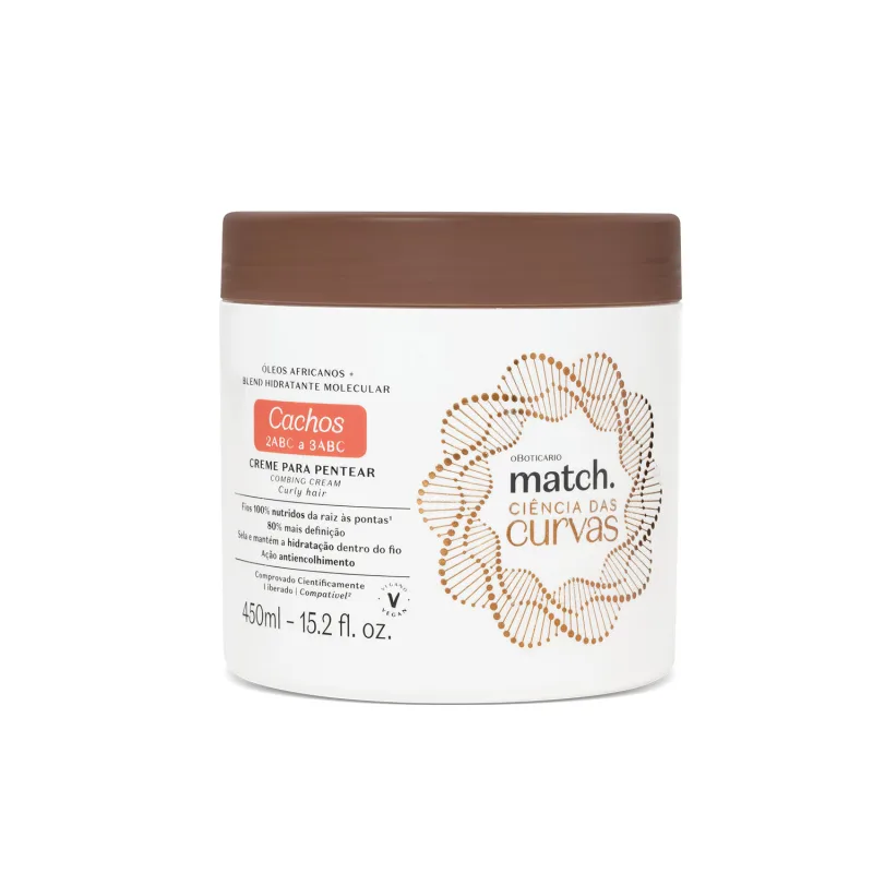 Pote branco com tampa marrom de creme para pentear, indicado para cabelos cacheados, com 450 ml.