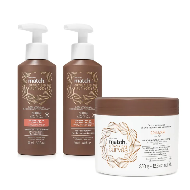 Três produtos capilares em embalagens marrons e brancas, incluindo frascos com pump e um pote com tampa.