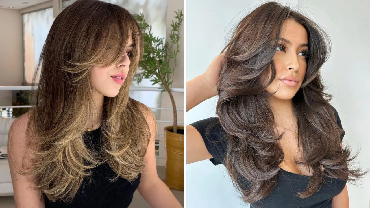 Duas mulheres com cabelos longos e volumosos, uma com cabelo castanho claro e outra com cabelo castanho escuro.