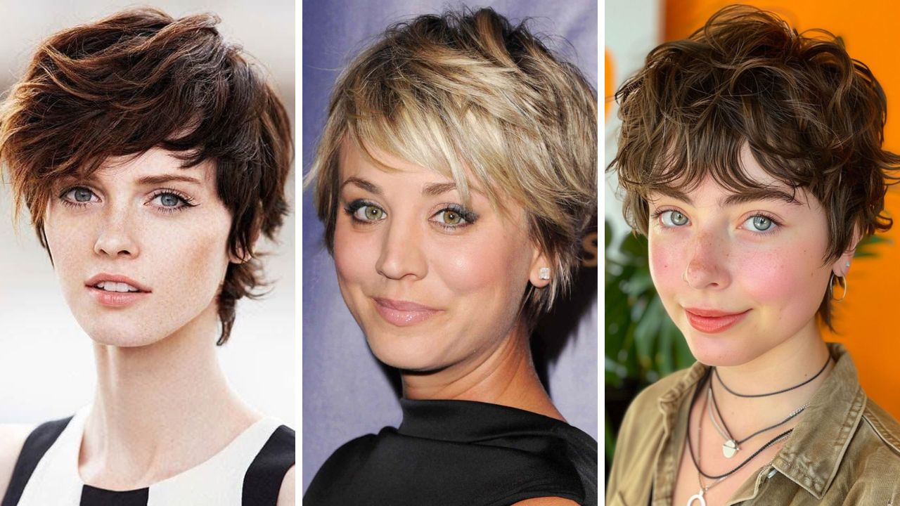 Três pessoas com cortes de cabelo curtos e modernos, cada uma com estilo e cor diferentes, em fotos lado a lado.