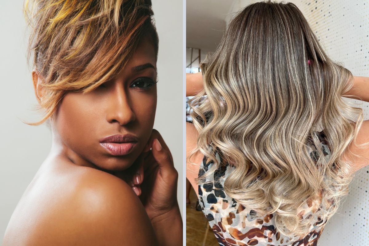 À esquerda, penteado curto e elegante; à direita, cabelo longo com ondas loiras.