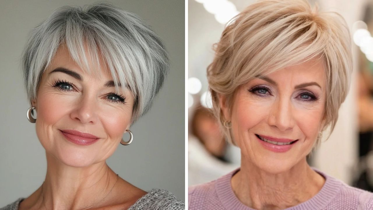 Duas mulheres sorrindo lado a lado, com cabelos curtos e estilos diferentes, em ambientes iluminados.
