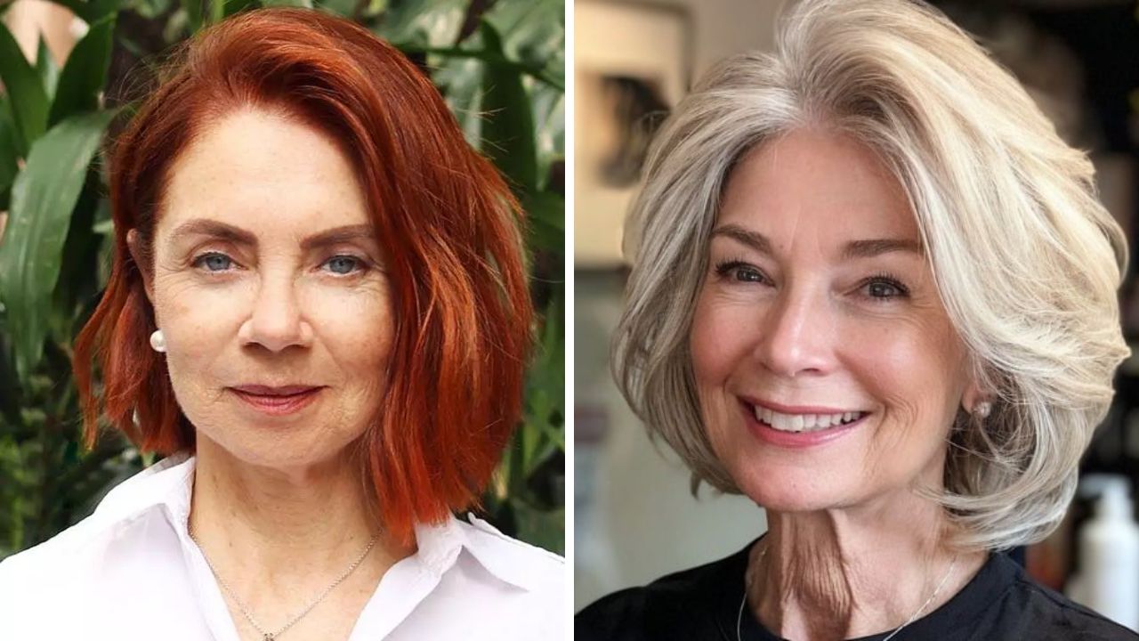Duas mulheres sorrindo em retratos lado a lado, uma com cabelo ruivo e outra com cabelo grisalho curto.