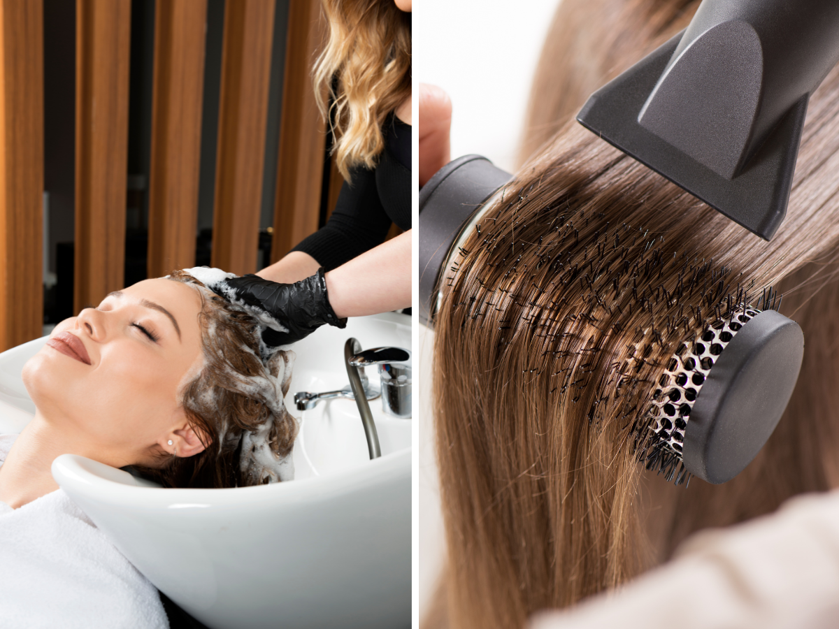 Botox Capilar. Foto mostra uma mulher lavando o cabelo em um equipamento no salão de beleza. Ao lado existe um cabelo de cor castanho sendo secado com secador.